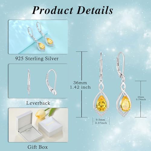 Infinity Teardrop Earrings 925 Sterling Silver Dangle Drop Leverback Earrings Birthstone Jewelry for Women - color: Yellow