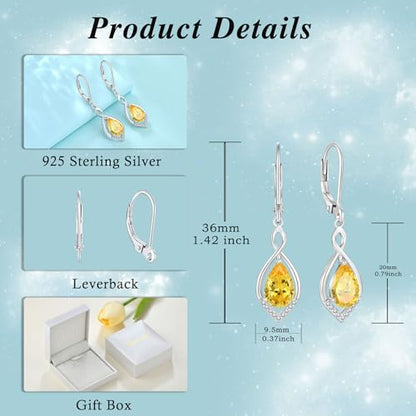 Infinity Teardrop Earrings 925 Sterling Silver Dangle Drop Leverback Earrings Birthstone Jewelry for Women - color: Yellow