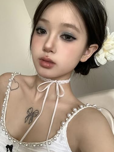 Bravace Lace Bow Choker Necklace for Women Adjustable Long Ribbon Tie Collar Elegant Black White Retro Lolita Gothic Party Neck Jewelry Romantic Lace Choker Daily Wear & Party Accessory Gift - color: White