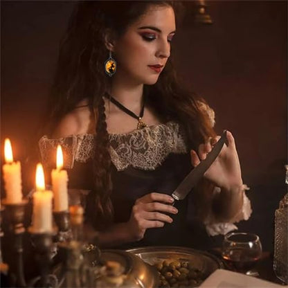 Gothic Mystery Witch Jewelry Set for Women Black Velvet Victorian Choker Necklace Vintage Crystal Glass Cameo Earrings Halloween Fashion Gift - style: Moom
