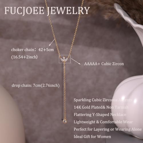 Long Necklaces for Women, Cute 14K Gold Plated CZ Drop Necklace | Dainty Gold Necklace, Simple CZ Teardrop Clover Y Shaped Lariat Necklace,Statement Non Tarnish Necklace, Trendy Gold Jewelry - color: Gold-Leaf Drop