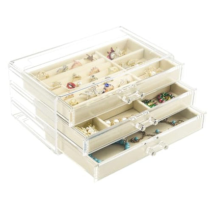 Weiai 3 Drawer Acrylic Jewelry Box Organizer Earring Storage Case Tray for Women - color: Beige