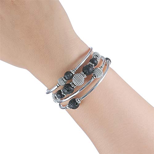 PEARL&CLUB Beaded Chakra Bangle Turquoise Bracelet - Fashion Jewelry Wrap Bracelet with Thick Silver Metal and Mala Beads, Birthday Gifts For Women - color: Lava stone
