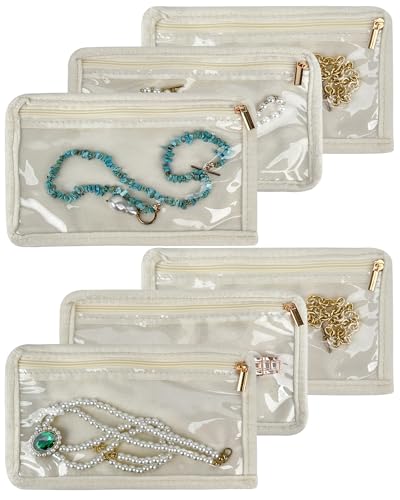 Travel Jewelry Organizer Case Refill Pages-12 Compartments Clear Zipper Velvet Pockets for Rings Earrings Necklaces,1-Section Replacement Pages, Beige,Pack of 6 - color: 1-Section Inner Pages,Beige,Pack of 6