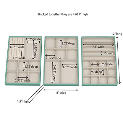 Household Essentials 3-Tier Jewelry Tray, Sturdy Chipboard With Polyester Linen Wrap, Polyester Felt Lining, Many Compartments for Easy Jewelry Access, Stackable, Stylish and Functional, Seafoam Green - color: Teal