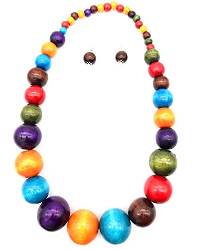 Colorful African Wooden Beaded Choker Neckalce Drop Dangle Earrings Set Chunky Strands Beads Large Bib Collar for Women 60's 70s Wedding Bohemain Jewelry - color: colorful