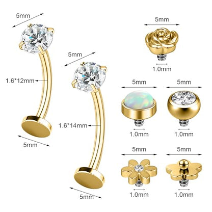 Belly Button Ring Set for Women, 14G 316L Steel Internally Threaded Navel Rings with Interchangeable Tops Opalite, CZ Star, Flower, Ball, 8-14MM Floating Cute Belly Piercing Jewelry Gold Silver - style: Gold - 14G（1.6mm）- 12/14mm