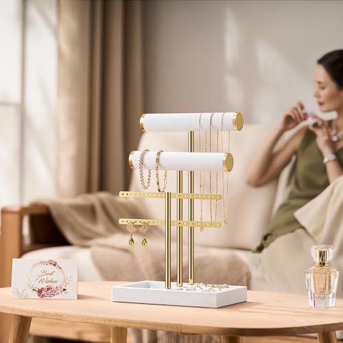 Bracelet Holder Jewelry Organizer Display - 3 Tier T Bar Velvet Stand, Black Jewelry Storage for Bracelet, Necklaces, Earrings, Rings, Watches - color: White