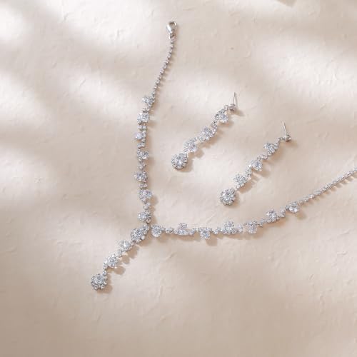 Crysdue Women's Wedding Bridal Jewelry Set for Brides Bridesmaids Cubic Zirconia Flower Leaf Vine Necklace Dangle Earrings for Prom Party - style: 27-silver