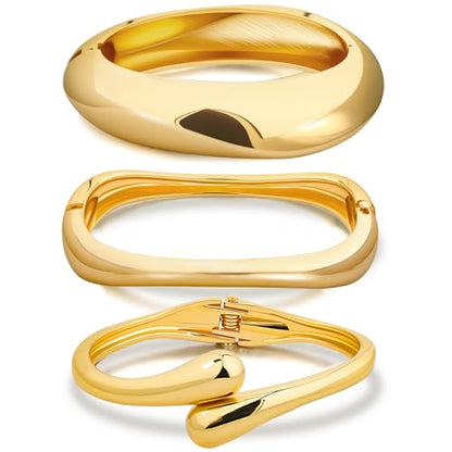 Chunky Gold Bangle Bracelets for Women, 3PCS Dainty Gold Plated Cuff Bracelet Big Stackable Bangles Set, Trendy Statement Chunky Bracelet Stack Fashion Jewelry Gifts