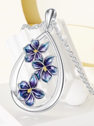 12 Month Birth Flower Necklace for Women 925 Sterling Silver Floral Teardrop Pendant Birthday Jewelry Gifts - color: 02. February Violet