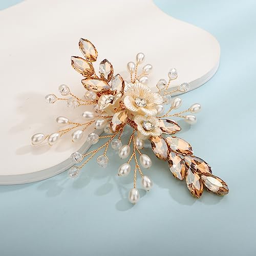Xerling Champagne Rhinestones Crystal Flower Hair Barrettes Clip Boho Bridal Pearl Hair Jewelry Accessories for Women Wedding Floral Headpieces (Champagne) - color: Champagne
