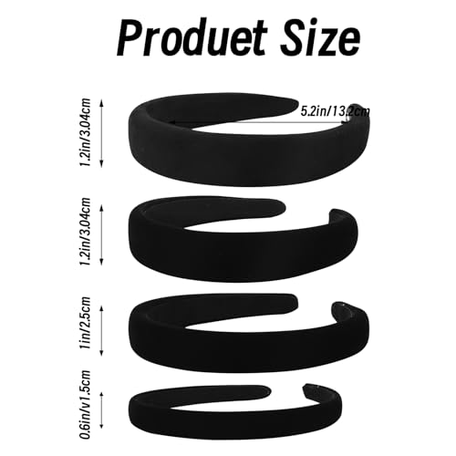 4Pcs Black Velvet Headband for Women Girls Wide Hairbands Pack Non Slip Thick Headband Set Adult Padded Hair Band Fashion Soft Bundle of Hairs for Long Short Thin Curly Hair Charms Christmas Gifts - color: Ba 4Pcs Black Velvet