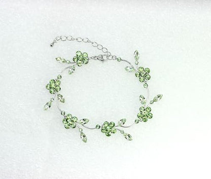 Faship Gorgeous Rhinestone Crystal Floral Necklace Earrings Set - color: Green / Peridot color green / Matching Bracelet
