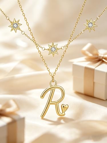 14K Gold A-Z Initial Lette Necklace Star Choker Women Necklace | Personalized Initial Jewelry, Meaningful Name Letter Gift for Women Wife Mom Friend, Perfect Present For Birthday/Anniversary - style: 14K Gold-R