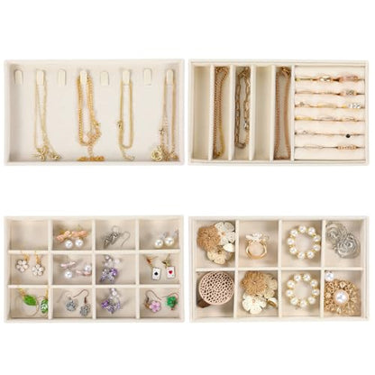 4Pcs Jewelry Organizer Trays, Stackable Velvet Jewelry Trays, Drawer Insert Divider Jewel Display Storage with Removable Dividers, Divided Storage for Earring Necklace Rings Bracelet