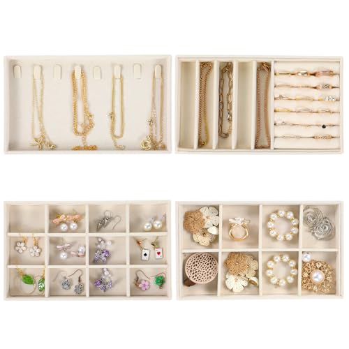 4Pcs Jewelry Organizer Trays, Stackable Velvet Jewelry Trays, Drawer Insert Divider Jewel Display Storage with Removable Dividers, Divided Storage for Earring Necklace Rings Bracelet