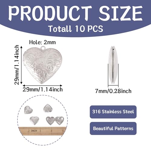 10Pcs 316 Stainless Steel Locket Pendants Silver Heart Photo Frame Charms Heart Locket Charms for Necklaces DIY Memorial Necklace Making - color: Stainless Steel Color, Heart