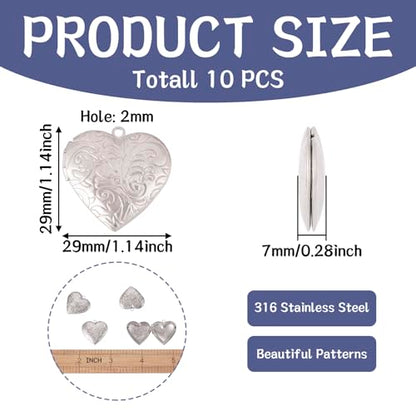 10Pcs 316 Stainless Steel Locket Pendants Silver Heart Photo Frame Charms Heart Locket Charms for Necklaces DIY Memorial Necklace Making - color: Stainless Steel Color, Heart