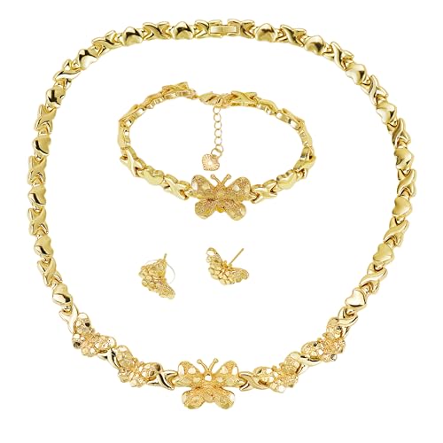 Women's Gold wedding Jewelry Set Tricolor Hugs Kisses Heart necklace set - color: Butterfly heart set