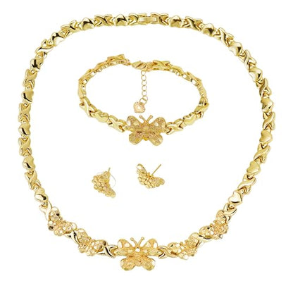 Women's Gold wedding Jewelry Set Tricolor Hugs Kisses Heart necklace set - color: Butterfly heart set