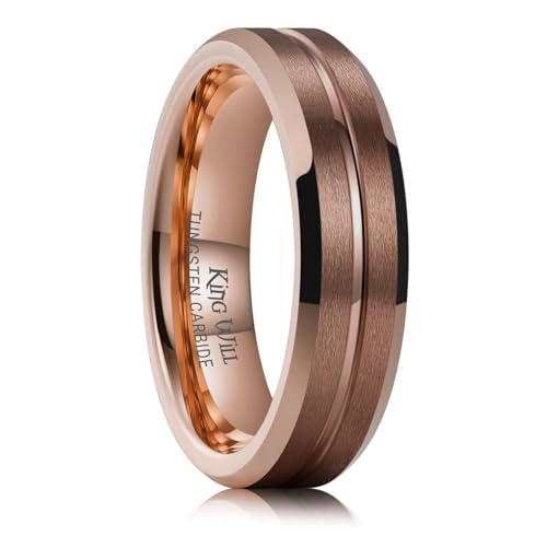 King Will Tungsten Carbide Wedding Band for Men Women-6/8/10mm Width Multicolor Available with Grooved Center Wedding Ring Suitable for Work, Gym Comfort Fit Size 4-16 - color: Brown-6mm