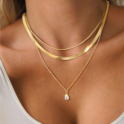 Layered Necklaces for Women,14k Gold Plated Dainty Necklace Stack Set Non Tarnish Adjustable Silver Stainless Steel CZ Heart Circle Pendant Paperclip Choker Herringbone Snake Chain Jewelry - style: CZ Layered Necklace