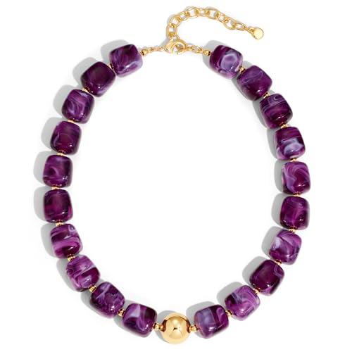 Chunky Colorful Beaded Choker Necklace for Women, Summer Beach Statement Resin Beads Necklace, Trendy Womens Summer Beach Jewelry Birthday Gifts for Vacation Holiday - color: Square Dark Purple Bead