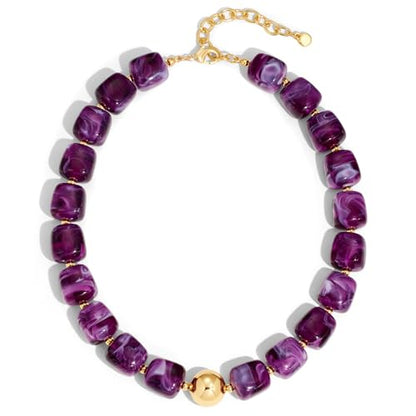 Chunky Colorful Beaded Choker Necklace for Women, Summer Beach Statement Resin Beads Necklace, Trendy Womens Summer Beach Jewelry Birthday Gifts for Vacation Holiday - color: Square Dark Purple Bead