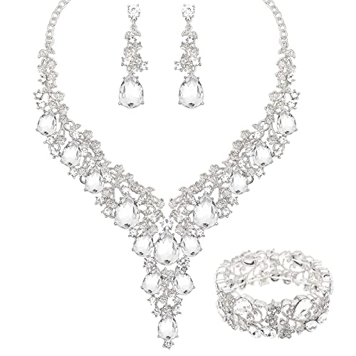 CSY Elegant Crystal Costume Jewelry Sets Flower Bridal Necklace Earrings Stretch Bangle Set for Bride Bridesmaid Wedding Dress Accessories - color: white crystal-silver tone