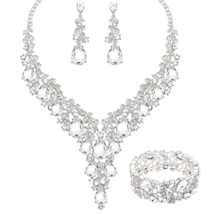 CSY Elegant Crystal Costume Jewelry Sets Flower Bridal Necklace Earrings Stretch Bangle Set for Bride Bridesmaid Wedding Dress Accessories - color: white crystal-silver tone