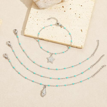 6 PCS Enamel Beaded Chains Bracelet Stainless Steel Link Bracelets | 6.7"+1.18", With Extender Chain, Fashion Jewelry Set, Gift For Women, Colorful, No Fade - color: Turquoise Silver