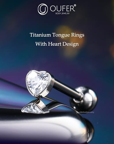 OUFER Titanium Tongue Piercing Jewelry, 14G Internaly Thread Tongue Rings for Women, Clear CZ Heart Shaped Body Piercing Jewelry-16mm