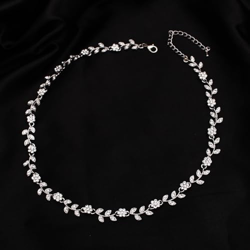 Austrian Crystal Rhinestone Choker Necklace Elegant Flower Leaf Chain Necklace Jewelry for Party Prom Costume Accessories for Women - color: White-Platinum Plated