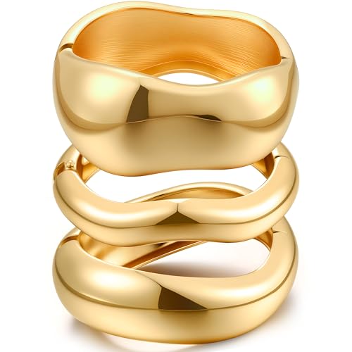 Chunky Gold Bangle Bracelets for Women, 14k Gold Plated Dainty Cuff Stackable Bangles Set, Trendy Bracelet Stack Fashion Jewelry Gifts - color: 01-GOLD-01