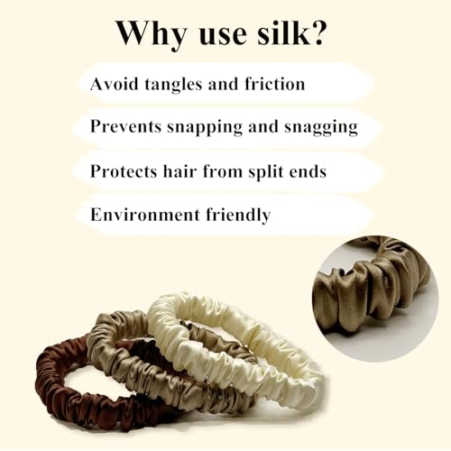 VLOMOT 3 Pcs Set 100% Pure Mulberry Silk Hair Scrunchies (Chocolate) | Silk Hair Ties for Thin Hair with 3 Chic Colors Everyday Skinny Scrunchies Silk Ponytail Holders Hair Care No Damage - color: Chocolate