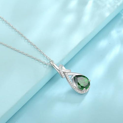 Infinity Teardrop Necklace Silver Tone Pendant Birthstone Jewelry for Women - color: Emerald Green