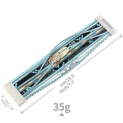 GelConnie Womens Leather Cuff Bracelet Feather Multi Strand Bracelet Wrap Bracelet Turquoise Boho Bangle Braided Leather Wristbands Bohemian Jewelry Gifts for Women Wife Sister - color: Feather Cuff Bracelet-blue