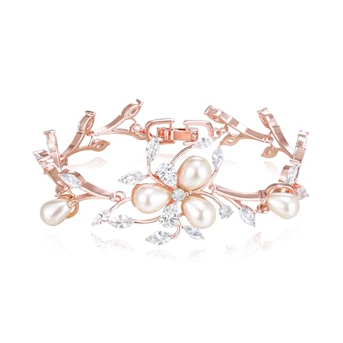 EVER FAITH Cubic Zirconia Pearl Bridal Prom Tennis Bracelet for Women | Elegant Pear CZ Wedding Jewelry Gift, for Bride Bridesmaid - style: Vine_Rose Gold-Plated-Brass