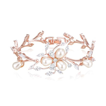 EVER FAITH Cubic Zirconia Pearl Bridal Prom Tennis Bracelet for Women | Elegant Pear CZ Wedding Jewelry Gift, for Bride Bridesmaid - style: Vine_Rose Gold-Plated-Brass