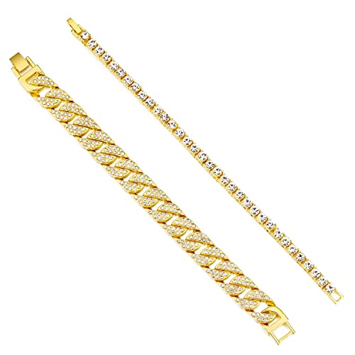 HH BLING EMPIRE 14K Gold and Silver Bracelets Diamond Tennis and Cuban Link Bracelet for Men Women Hip Hop Jewelry - color: Set B-Gold, size: 7.5"