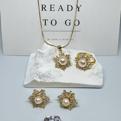 Women's pearl jewelry set, including earrings ring and necklace, pearl necklaces for women，suitable for all seasons, as a bride and bridesmaid gifts