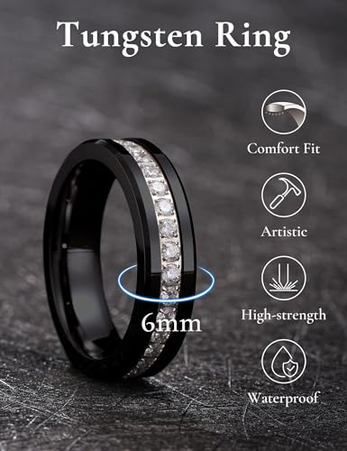King Will 8mm Tungsten Carbide Rings for Men Cubic Zircon Stones Inlay - color: Black 6mm