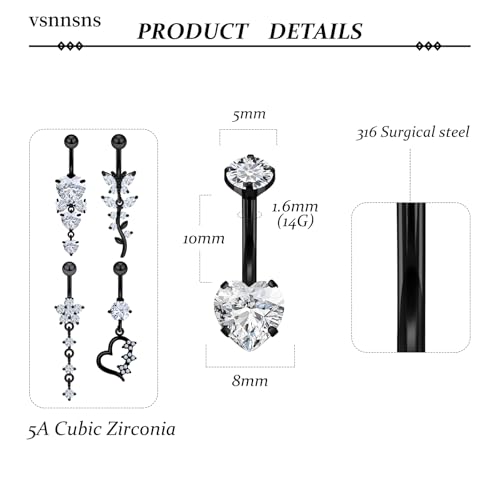 Vsnnsns 14G Dangle Belly Button Ring Piercing Jewelry 316L Stainless Surgical Steel Navel Rings Cubic Zirconia Heart Flower CZ Dangling Belly Button Ring Piercing Jewelry for Women 14 Gauge - color: Black-Clear CZ
