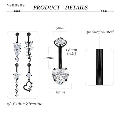Vsnnsns 14G Dangle Belly Button Ring Piercing Jewelry 316L Stainless Surgical Steel Navel Rings Cubic Zirconia Heart Flower CZ Dangling Belly Button Ring Piercing Jewelry for Women 14 Gauge - color: Black-Clear CZ