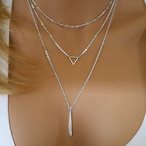 Turandoss Gold Layered Necklaces for Women - 14K Gold Plated Handmade Multilayer Bar Pearls Coin Disc Moon Butterfly Medallion Adjustable Dainty Layered Choker Necklaces for Women Jewelry - style: 3PCS Silver - Chain&Triangle&Bar