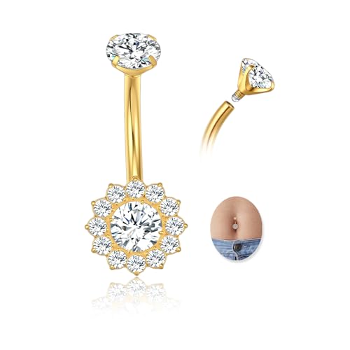 G23 Titanium Belly Button Ring 14G Golden Silvery Belly Ring for Women, Halo Internally Threaded Flower Opal Piercing Jewelry 8/10/12/14mm Barbell with Cubic Zirconia - color: 1pcs-Golden(14mm) -Clear CZ