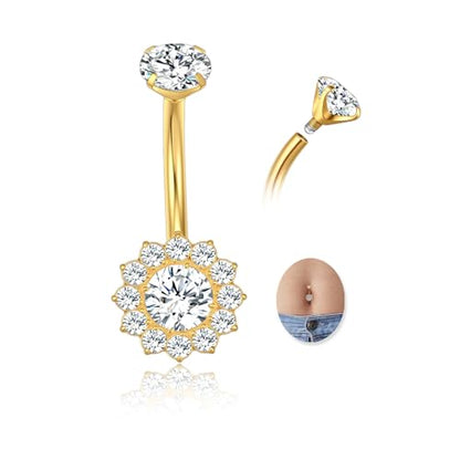 G23 Titanium Belly Button Ring 14G Golden Silvery Belly Ring for Women, Halo Internally Threaded Flower Opal Piercing Jewelry 8/10/12/14mm Barbell with Cubic Zirconia - color: 1pcs-Golden(14mm) -Clear CZ