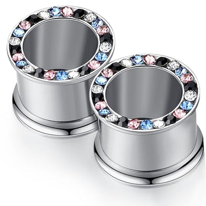 WBRWP 2pcs Hollow Gold Stainless Steel with Zircon Ear Plugs Tunnels - Ear Expander - Ear Gauges Stretcher Body Piercing Jewelry 8g-5/8 - color: Silver with Colorful CZ