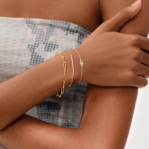 MEVECCO Dainty Chain Bracelets for Women, Layered and Charm Styles | 14K Gold Plated Brass, Select Cubic Zirconia Accents, Single and Multi-Row Structures for Refined Everyday Wristwear - style: White CZ Evil Eye